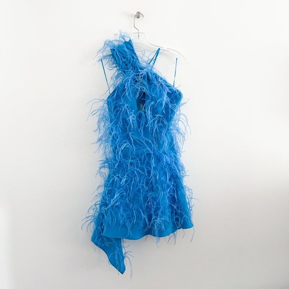 Cult Gaia Eliana Cutout One-Shoulder Feather Mini Dress Lake Blue - Picture 14 of 14